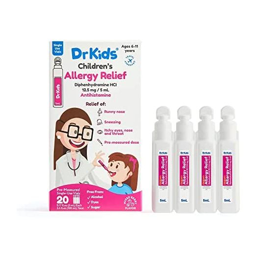 Dr. Kids Children's Allergy Relief Medicine with Diphenhydramine, 20 Pre-Measured Single-Use Vials, Mixed Colors