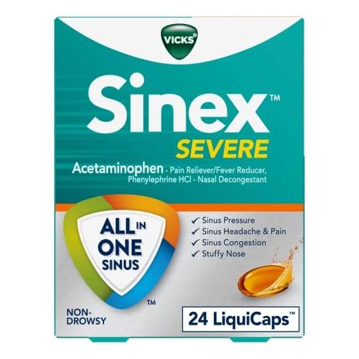 Vicks Sinex SEVERE, All-In-One Sinus Relief, Non-Drowsy, Sinus Decongestant for Fast Relief of Pain, Pressure, Headache, and Congestion, 24 LiquiCaps