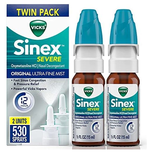 Vicks Sinex SEVERE, Nasal Spray, Original Ultra Fine Mist Sinus Decongestant for Fast Relief of Cold & Allergy Congestion, Sinus Pressure Relief, Twin Pack, 2 0.5 FL OZ (15 ml)