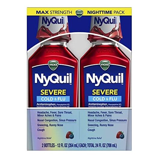Vicks NyQuil SEVERE, Nighttime Relief of Cough, Cold & Flu Relief, Sore Throat, Fever, & Congestion Relief, Berry Flavor, Twin Pack, 12 FL OZ