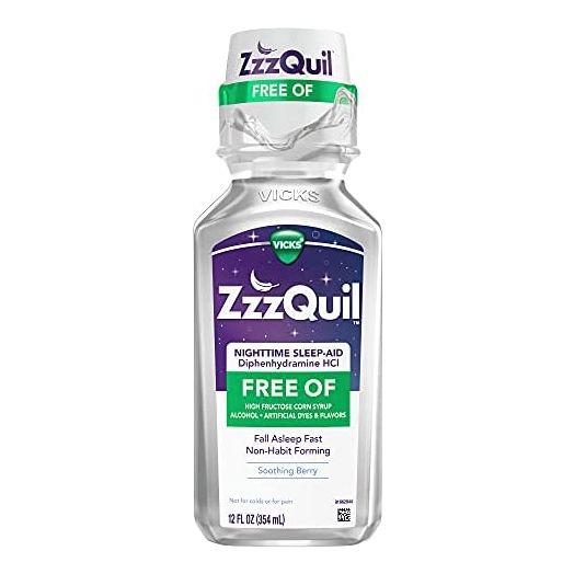 ZzzQuil, Nighttime Sleep Aid Liquid, FREE OF Alcohol & Artificial Dyes, 50 mg Diphenhydramine HCl, No.1 Sleep Aid Brand, Fall Asleep Fast, Non-Habit Forming, Soothing Berry Flavor, 12 FL OZ