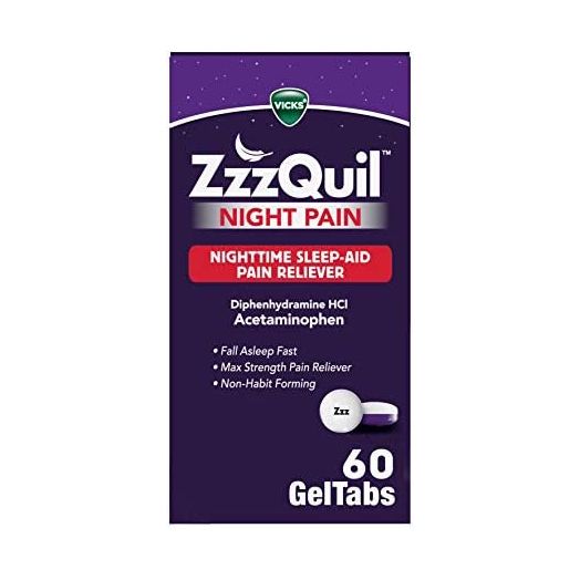 ZzzQuil Night Pain GelTabs, Nighttime Pain Relief, Sleep Aid Tablets, Diphenhydramine HCl and Acetaminophen, No.1 Sleep Aid Brand, Max Strength Pain Reliever, 60 GelTabs