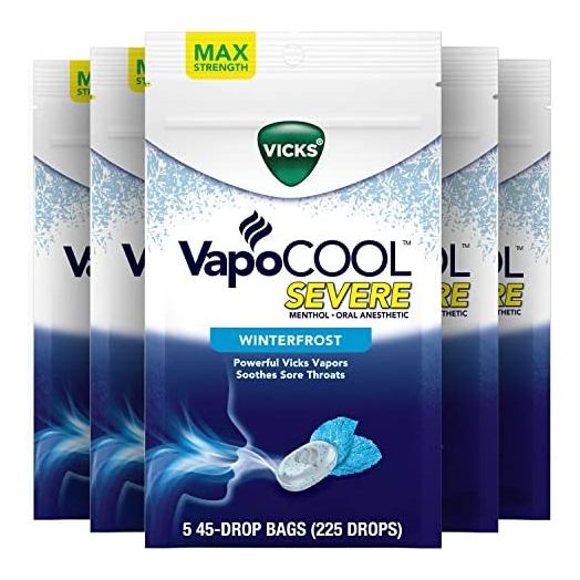VapoCOOL Severe, Medicated Drops, Menthol Soothes Sore Throat Pain Caused by Cough, Winterfrost Flavor, 225 Drops (5 Packs of 45)