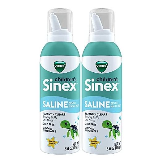 Vicks Sinex, Children's Saline Nasal Mist, with a Hint of Aloe, Ages 1+, Everyday Stuffy Nose Relief for Kids, Drug-Free, No preservatives, Non-Habit Forming, 2x5 OZ
