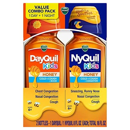 Vicks DayQuil and NyQuil Kids Cold and Cough + Mucus Relief Flavored with Real Honey for Kids 6+ Tastes Great 2 x 8oz