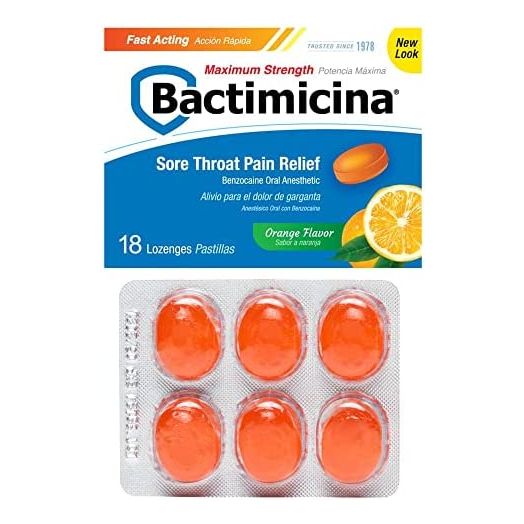 Bactimicina Sore Throat Lozenges Extra Strength Oral Analgesic with Benzocaine for Fast Action Relief, 18 Count