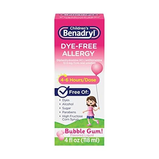 Children's Benadryl Dye-Free Allergy Liquid, Diphenhydramine HCl, Bubble Gum, 4 fl. oz