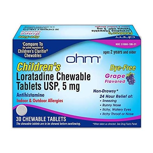 OHM Children’s Chewable Tablets, Dye Free, Grape, Non-Drowsy 24h Relief of Sneezing, Runny Nose, Itchy Watery Eyes, Itchy Throat or Nose, Antihistamine, Indoor & Outdoor Allergies, 5mg, 30 Tablets
