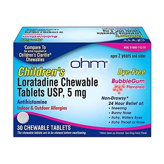 OHM Children’s Chewable Tablets, Dye Free, Bubblegum, Non-Drowsy 24h Relief of Sneezing, Runny Nose, Itchy Watery Eyes, Itchy Throat or Nose, Antihistamine, Indoor & Outdoor Allergies, 5mg, 30 Tablets