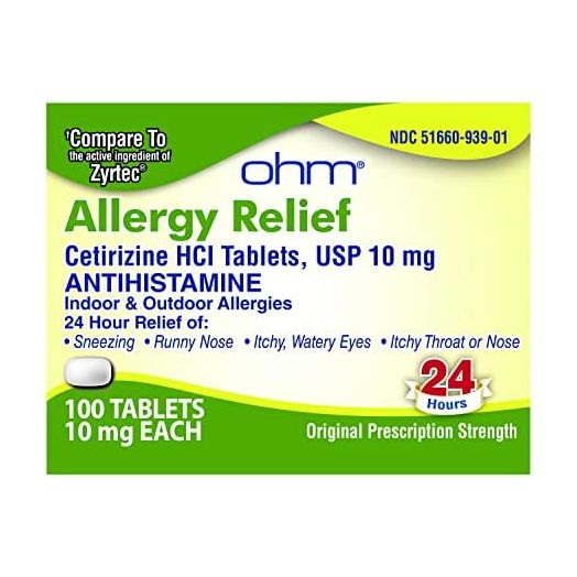 OHM 24-Hour Allergy Medicine (100-Count) Antihistamine for Pollen, Hay Fever, Dry, Itchy Eyes, Allergies | Cetirizine HCl 10mg Tablets
