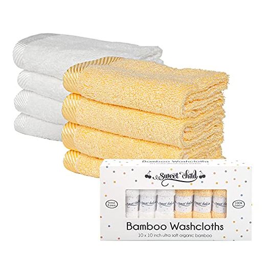 Sweet Child Baby Bamboo Washcloths - Premium Wash Cloth Set of 8 - Ultra Soft Kids/Infant Wash Cloths for Face and Body - Neutral Washcloth Pack - Top Baby Registry and Shower Gifts (Yellow/White)