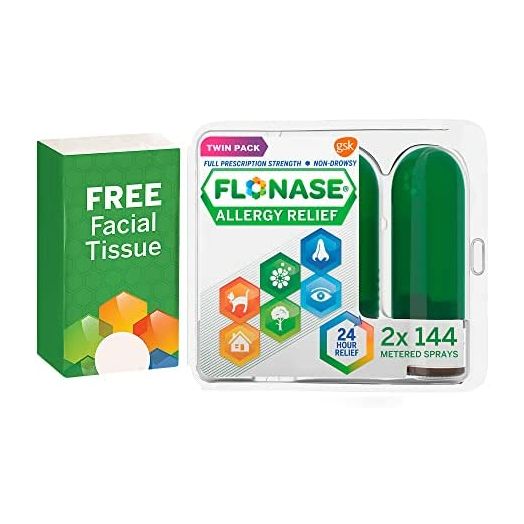 Flonase Allergy Relief Nasal Spray, 24 Hour Non Drowsy Allergy Medicine, Metered Nasal Spray - 144 Sprays (Pack of 2) + Pack of Tissues