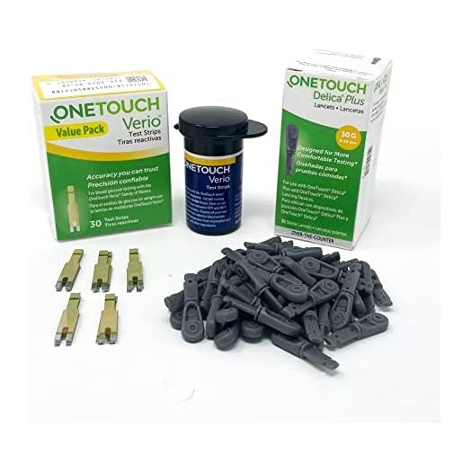 OneTouch Verio Test Strips and OneTouch Delica Plus Lancets for Diabetes Testing | 60-Count Value Pack (30 Lancets & 30 Test Strips) | Diabetic Supplies for Blood Sugar Test Kit