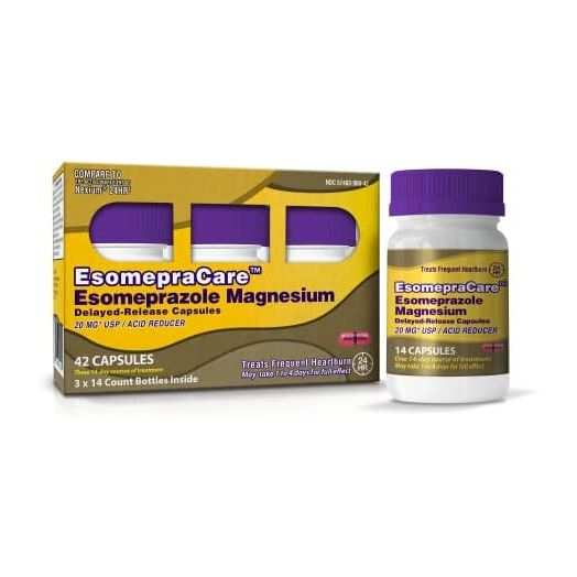 EsomepraCare Esomeprazole Magnesium 20 mg Delayed-Release Capsules, Acid Reducer for Frequent Heartburn 42Capsules (Pack of 3x14)