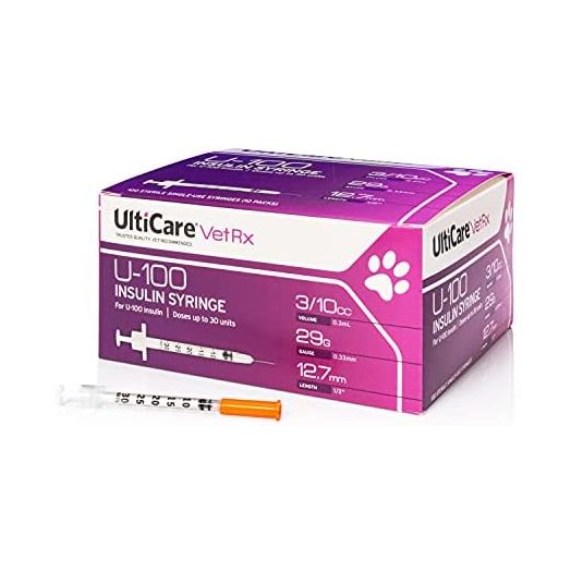 UltiCare VetRx U-100 Pet Insulin Syringes, Comfortable and Accurate Dosing of Insulin for Pets, Compatible with any U-100 Strength Insulin, Size: 3/10cc, 29G x 1/2’’, 100 ct Box