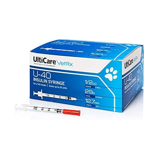 UltiCare VetRx U-40 Pet Insulin Syringes, Comfortable & Accurate Dosing of Insulin for Pets, Compatible with Any U-40 Strength Insulin, Size: 1/2cc, 29G x ½’’, 100 ct Box