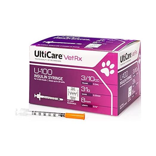 UltiCare VetRx U-100 Pet Insulin Syringes, Comfortable & Accurate Dosing of Insulin for Pets, Compatible w/Any U-100 Strength Insulin, Size: 3/10cc, 31G x 5/16’’, w/Half Unit Markings, 60 ct Box