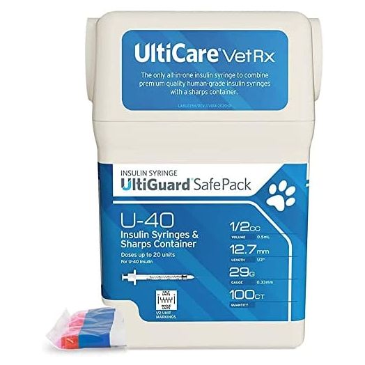 UltiCare VetRx U-40 UltiGuard Safe Pack Pet Insulin Syringes 1/2cc, 29G x 1/2", 100 ct (With 1/2 Unit Markings)