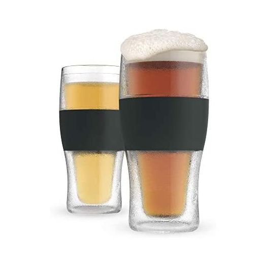 Host Freeze Beer Glasses, 16 ounce Freezer Gel Chiller Double Wall Plastic Frozen Pint Glass, Set of 2, Black