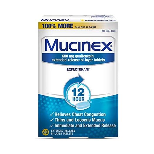 Chest Congestion, Mucinex 12 Hour Extended Release Tablets, 40ct, 600 mg Guaifenesin Relieves Chest Congestion Caused by Excess Mucus, #1 Doctor Recommended OTC expectorant