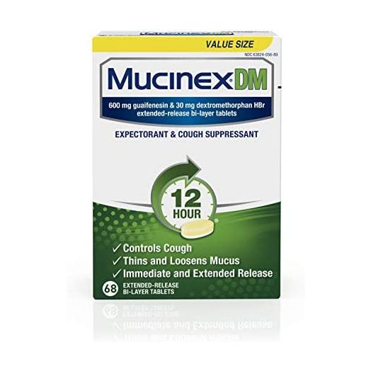 Mucinex DM 12 hour Cough and Chest Congestion Medicine -Expectorant and Cough Suppressant tablets(Lasts 12 hours/Powerful Symptom Relief/Extended-Release Bi-layer), White, 68 Count (Pack of 1)