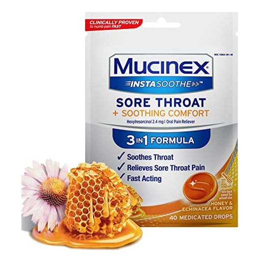 Mucinex InstaSoothe Sore Throat + Soothing Comfort Honey & Echinacea Flavor, Fast Acting, Powerful Sore Throat Oral Pain Reliever, 40 Medicated Drops