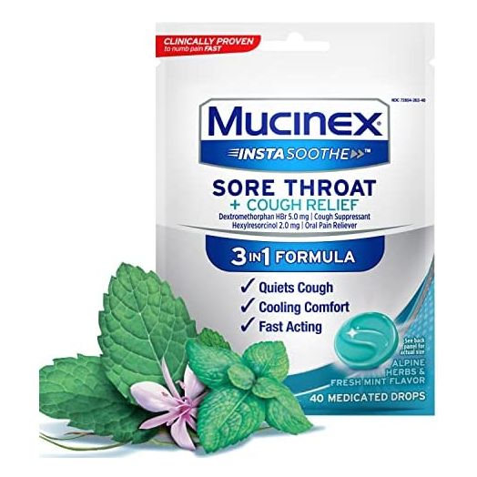 Mucinex InstaSoothe Sore Throat + Cough Relief Alpine Herbs & Mint Flavor, Fast Acting, Cooling Comfort, Powerful Sore Throat Oral Pain Reliever, 40 Medicated Drops