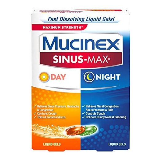 Mucinex Sinus-Max Max Strength Day & Night Liquid Gels (24ct) Relieves Sinus Pressure and Congestion, Headaches, Pain, Runny Nose, Sneezing, Thins and Loosens Mucus, Controls Cough