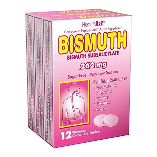 HealthA2Z Bismuth | Bismuth Subsalicylate 262mg | Multi-Symptom Relief | 3 Packs of 12 Chewable Tablets (36 Tablets Total)