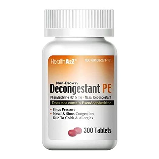 HealthA2Z® Decongestant PE | 300 Counts | Phenylephrine 5mg | Non-Drowsy | Relives Sinus Pressure & Congestion from Illness or Allergies