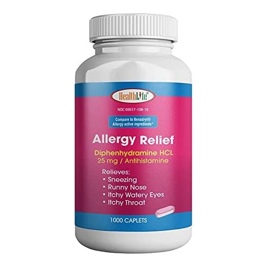 HealthLife® Allergy Relief, Medicine Diphenhydramine HCl Caplets, 25 mg (Pink) | (1000 Count) | Children and Adults | Relieves Sneezing, Runny Nose, Hay Fever Symptoms, Itchy Eyes and Throat