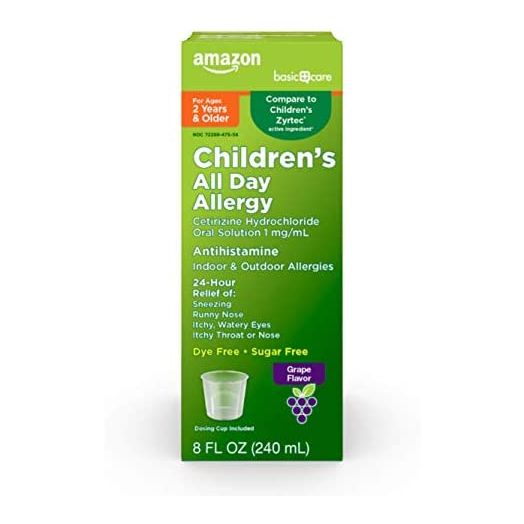 Amazon Basic Care Children’s All Day Allergy, Cetirizine Hydrochloride Oral Solution 1 mg/mL, Grape Flavor, 8 Fluid Ounces