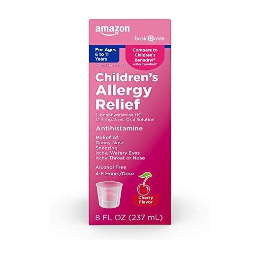Amazon Basic Care Children's Allergy Relief, Diphenhydramine HCl 12.5 mg/5 mL Oral Solution, Antihistamine, Cherry Flavor, 8 Fluid Ounces