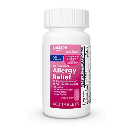 Amazon Basic Care Allergy Relief Diphenhydramine HCl 25 mg, Antihistamine Tablets for Symptoms Due to Hay Fever and Upper Respiratory Allergies, 400 Count