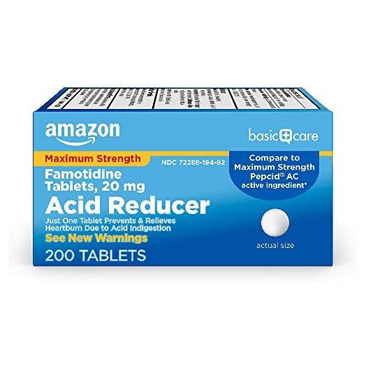 Amazon Basic Care Maximum Strength Famotidine Tablets 20 mg, Acid Reducer for Heartburn Relief, 200 Count