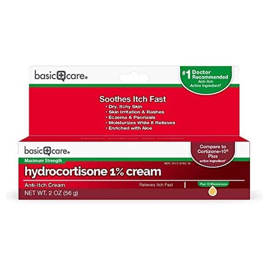 Amazon Basic Care Maximum Strength Hydrocortisone 1 Percent Anti-Itch Cream Plus 10 Moisturizers; relieves itching associated with poison ivy, oak, sumac; insect bites and more, 2 Ounces