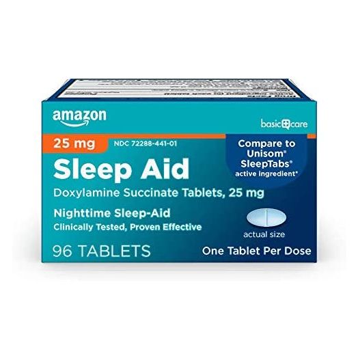 Amazon Basic Care Sleep Aid Tablets, Doxylamine Succinate Tablets, 25 mg, Nighttime Sleep Aid to Help You Fall Asleep, White, 96 Count