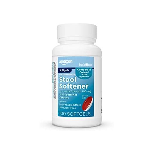 Amazon Basic Care Stool Softener Laxative, Docusate Sodium 100 mg, Softgels, 100 Count