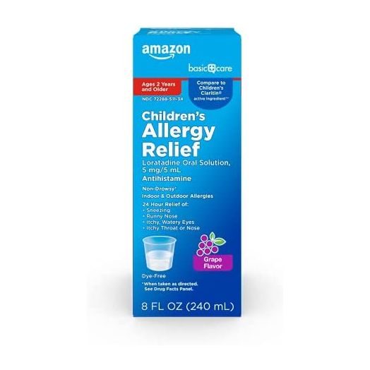 Amazon Basic Care Children’s Loratadine Oral Solution 5 mg/5 mL, Allergy Relief, Grape Flavor, 8 Fluid Ounces