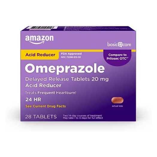 Amazon Basic Care Omeprazole Delayed Release Tablets 20 mg, Acid Reducer, Treats Frequent Heartburn, 28 Count