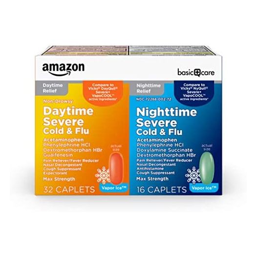 Amazon Basic Care Vapor Ice Daytime and Nighttime Severe Cold and Flu, Coated Caplets, Combo Pack, 48 Count