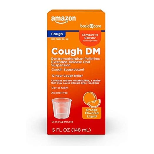 Amazon Basic Care 12 Hour Cough DM, Dextromethorphan Polistirex Extended-Release Oral Suspension, Cough Suppressant, 12 Hour Cough Relief, Orange Flavor, 5 Fluid Ounces