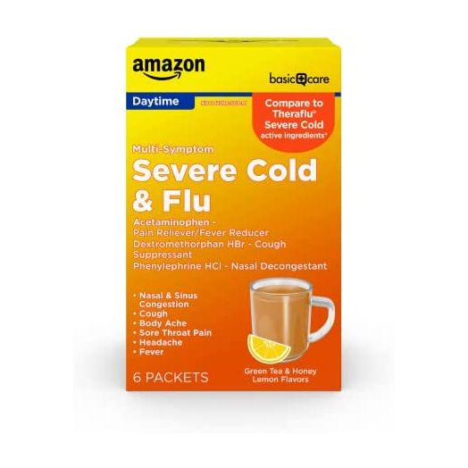 Amazon Basic Care Severe Cold & Flu Relief, Green Tea & Honey Lemon Flavors; Relieves Cough, Sore Throat Pain, Body Ache, Headache and Fever, 6 Count