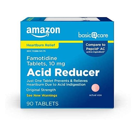 Amazon Basic Care Original Strength Famotidine Tablets, 10 mg, Acid Reducer for Heartburn Relief, 90 Count