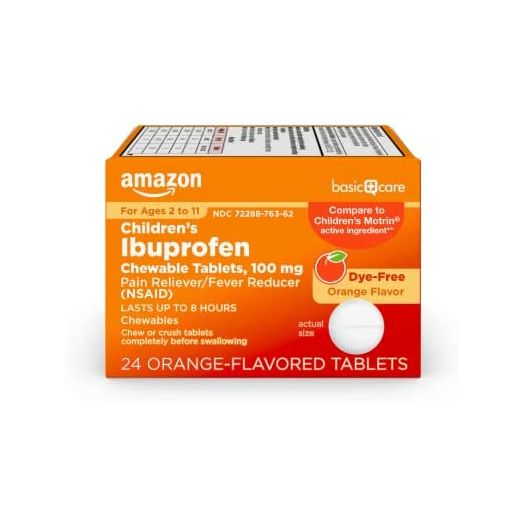 Amazon Basic Care Children’s Ibuprofen Chewable Tablets, 100 mg, Orange Flavor, Pain Reliever and Fever Reducer, 24 Count