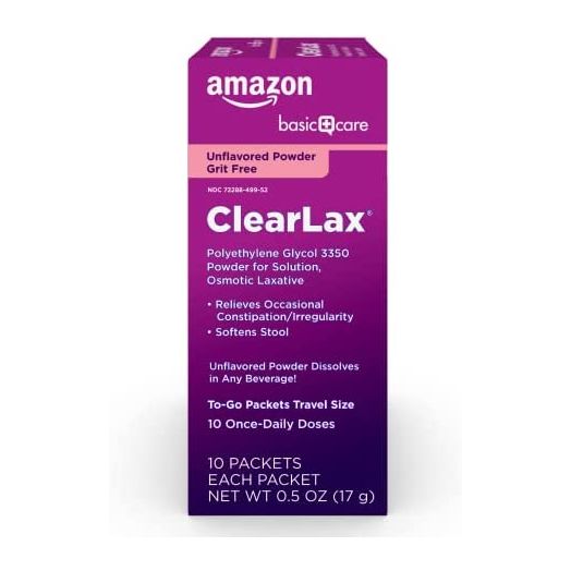 Amazon Basic Care ClearLax, Polyethylene Glycol 3350 Powder for Solution, Osmotic Laxative, 0.5 Ounce (Pack of 10)