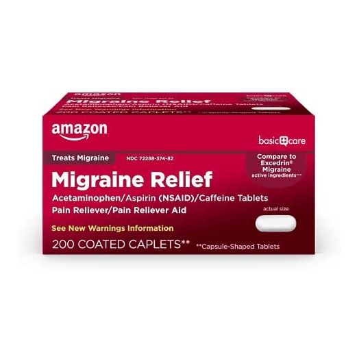 Amazon Basic Care Migraine Relief, Acetaminophen, Aspirin (NSAID) and Caffeine Tablets, 200 Count