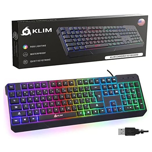 KLIM Chroma Gaming Keyboard Wired USB + New 2022 Version + Durable, Ergonomic, Waterproof, Silent Keyboard + 2 ms Response Time + Backlit Keyboard for PC Mac PS4 PS5 Keyboard + Black