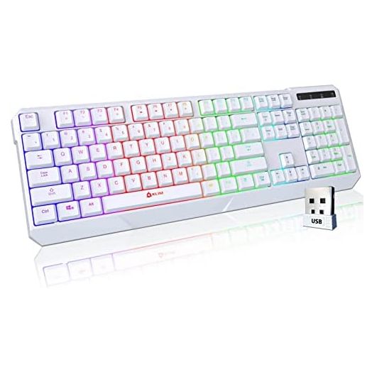KLIM Chroma Wireless Gaming Keyboard RGB New 2022 Version - Long-Lasting Rechargeable Battery - Quick and Quiet Typing - Water Resistant Backlit Wireless Keyboard for PC PS5 PS4 Xbox One Mac - White