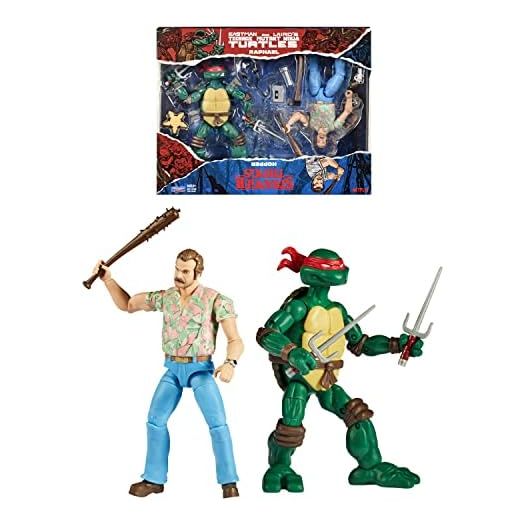 Bandai 2 Pack | Teenage Mutant Ninja Turtles Raphael Vs Stranger Things Hopper Action Figures | 6'' and Turtle with Articulation, P81192 | Multicolor